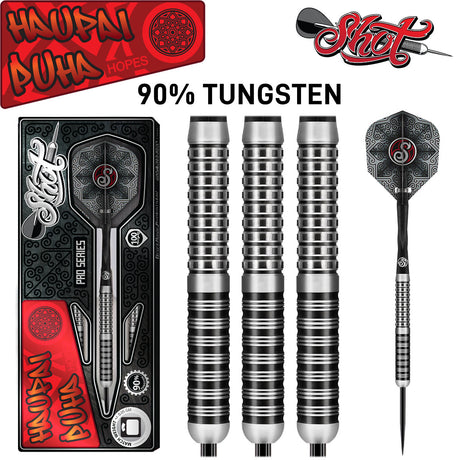Haupai Puha Steel Tip Darts main product image showing the darts, packaging, flights, shafts, and included accessories