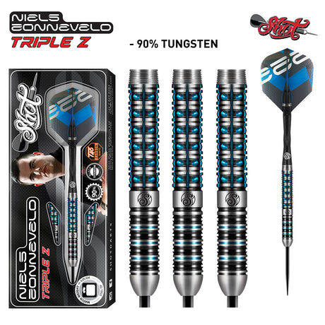 Niels Zonneveld Steel Tip Darts main product image showing the darts, packaging, flights, shafts, and included accessories