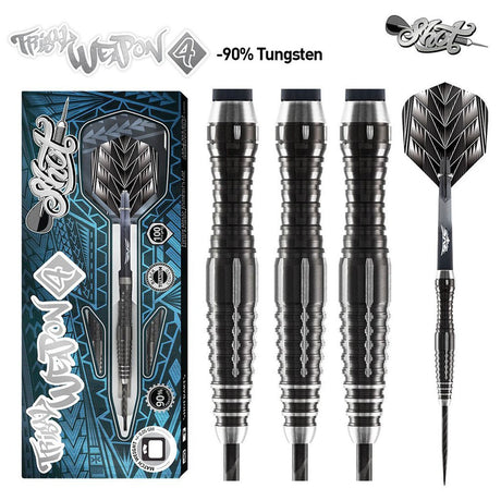 Tribal Weapon 4 Series Steel Tip Darts main product image showing the darts, packaging, flights, shafts, and included accessories