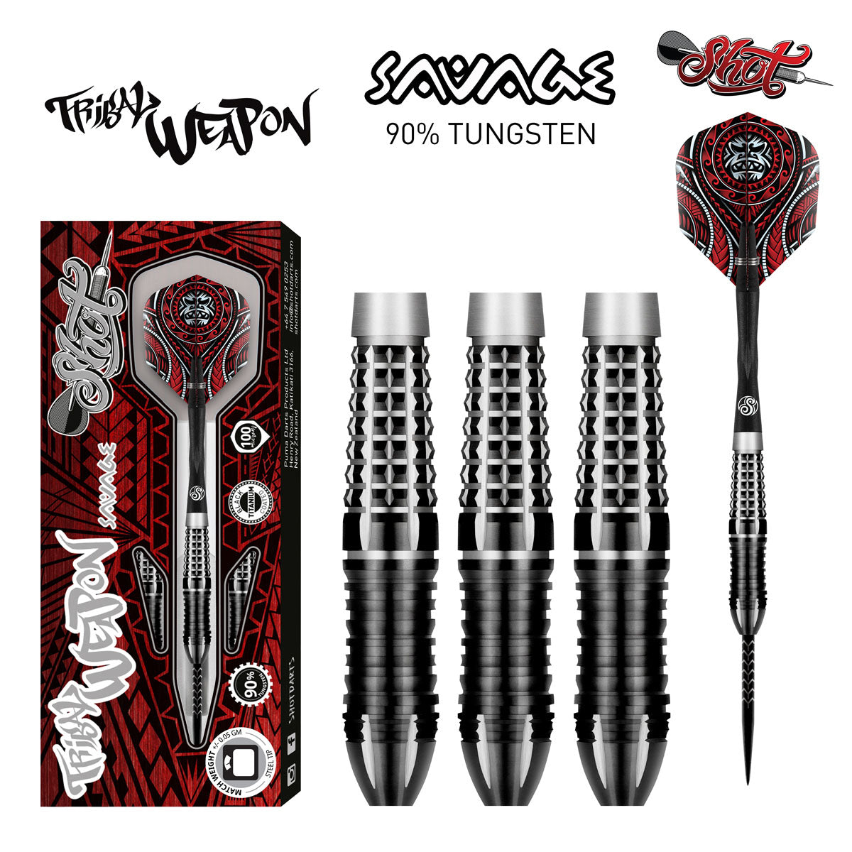 Tribal Weapon Savage Steel Tip Darts main product image showing the darts, packaging, flights, shafts, and included accessories