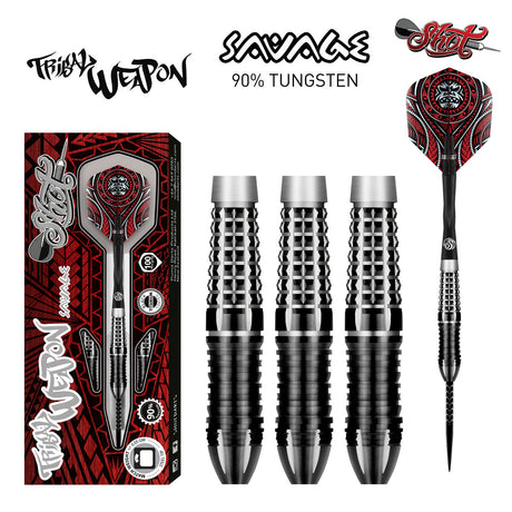 Tribal Weapon Savage Steel Tip Darts main product image showing the darts, packaging, flights, shafts, and included accessories