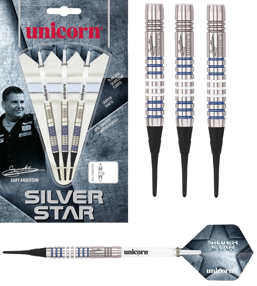 Gary Anderson Silver Star Style 1 80% Tungsten Soft Tip Darts by Unicorn