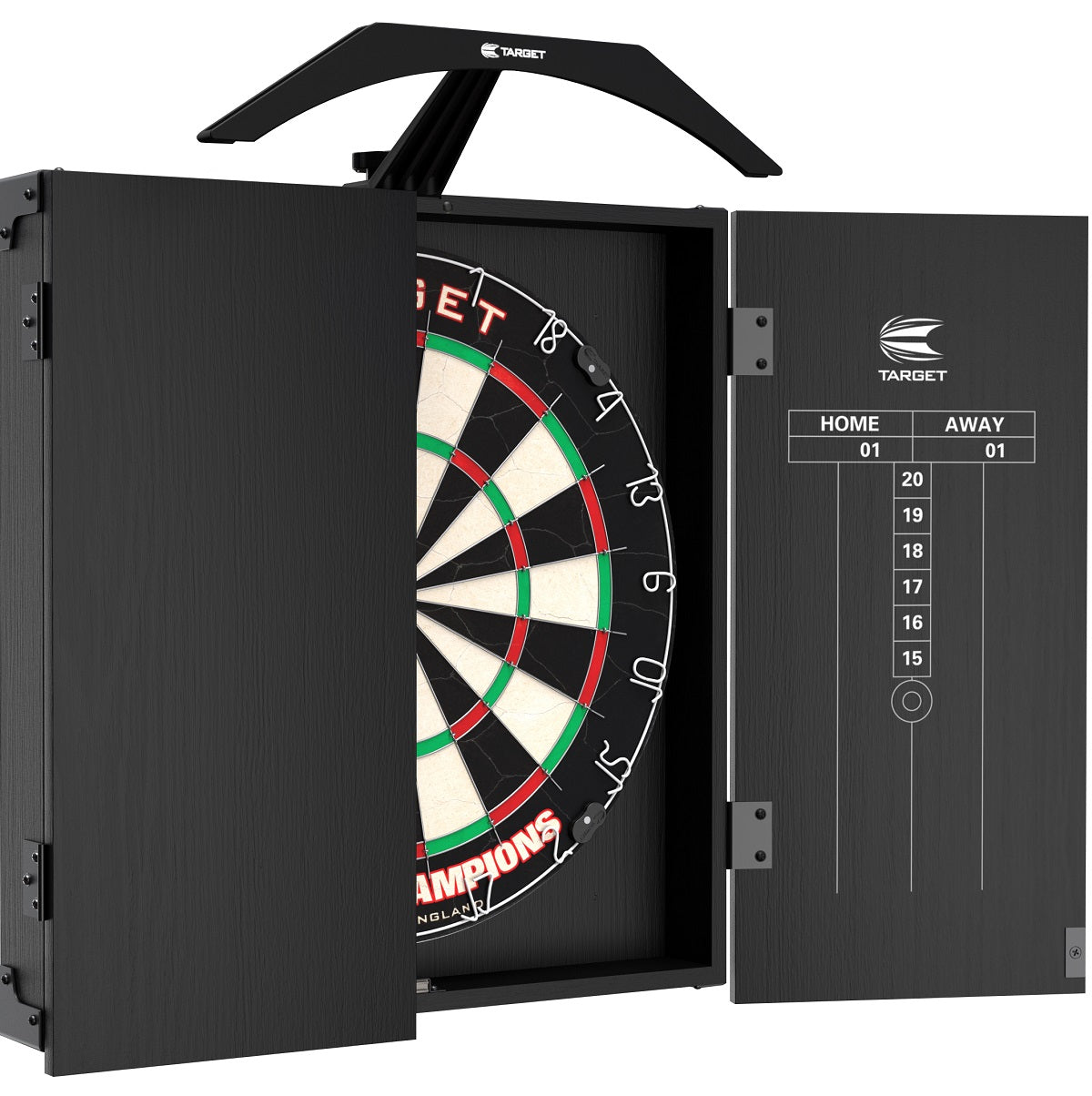 Target ARC Cabinet Complete Darts Centre with Lighting product image showing the darts cabinet doors and where you can count your scores
