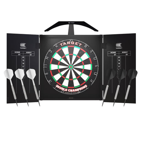 Target ARC Cabinet Complete Darts Centre with Lighting main product image showing the darts cabinet and product contents