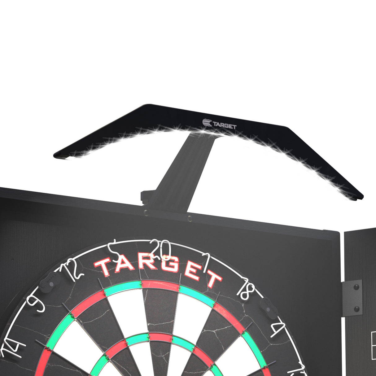Target ARC Light Dartboard Cabinet Lighting System lifestyle image showing the lighting system installed in a real world darts setup and ready for play