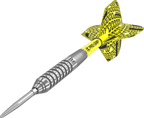 Bolide 02 SP Steel Tip Darts angled close up image highlighting the barrel grip and precision machining