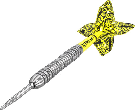 Bolide 04 SP Steel Tip Darts angled close up image highlighting the barrel grip and detailed machining