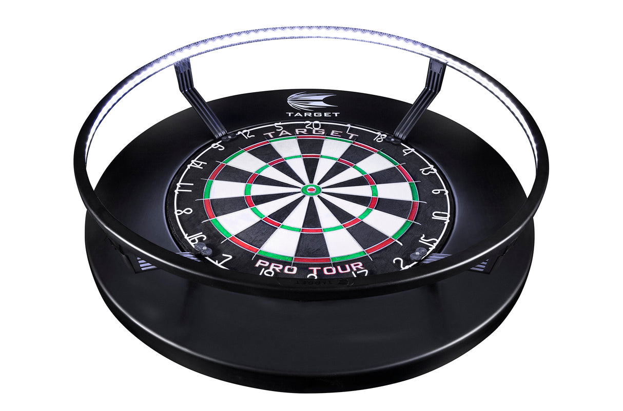 Target Corona Dartboard Lighting System image showing how the lighting system attaches to and surrounds the dartboard