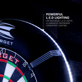 Target Corona Dartboard Lighting System product image showing the lighting systems different features