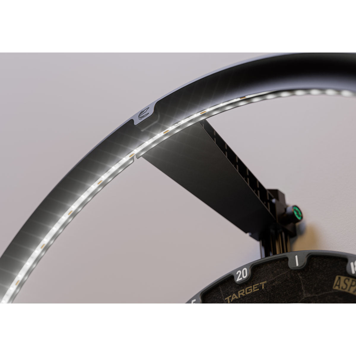 Target MOD Halo Dartboard Light image showing how the lighting system attaches to and surrounds the dartboard