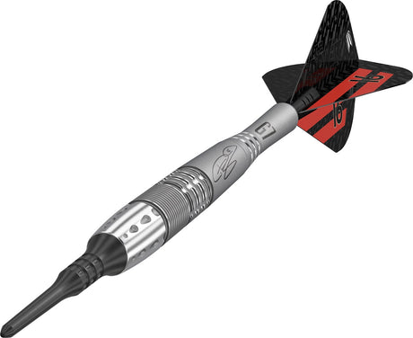 Phil Taylor Power 9Five G7 Soft Tip Darts close up image highlighting the barrel grip texture and precision machining detail