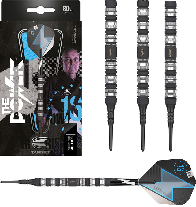 Phil Taylor Power Series Black Soft Tip Darts main product image showing the darts, packaging, flights, shafts, and included accessories