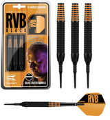Raymond van Barneveld Black Brass Soft Tip Darts main product image showing the darts, packaging, flights, shafts, and included accessories