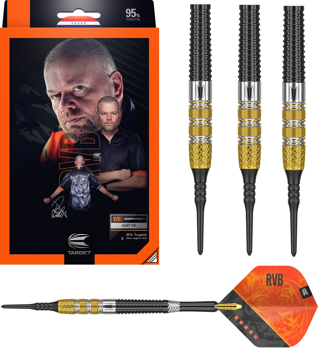 Raymond Van Barneveld G4 Soft Tip Darts main product image showing the darts, packaging, flights, shafts, and included accessories