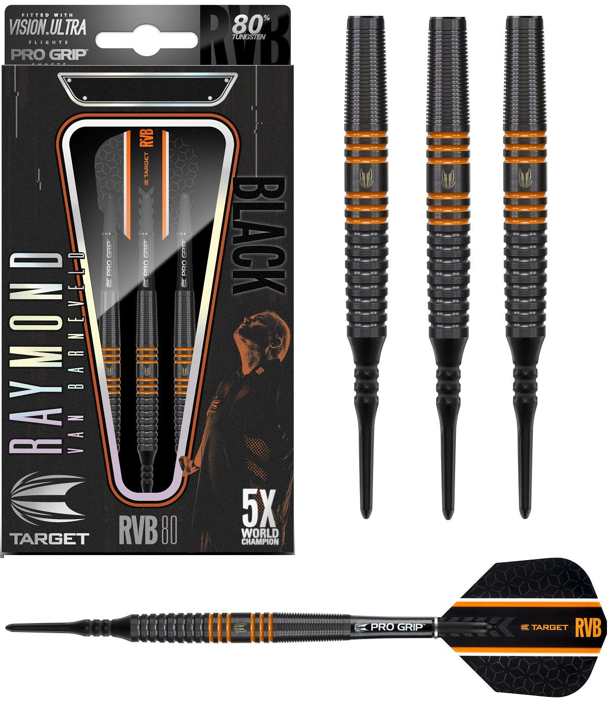 Raymond van Barneveld RVB80 Black Soft Tip Darts main product image showing the darts, packaging, flights, shafts, and included accessories