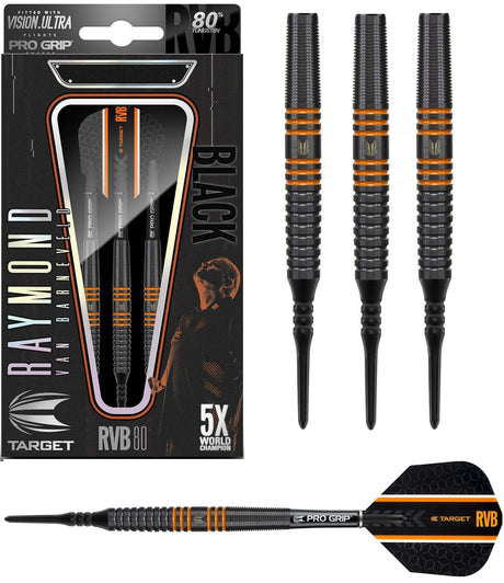 Raymond van Barneveld RVB80 Black Soft Tip Darts main product image showing the darts, packaging, flights, shafts, and included accessories