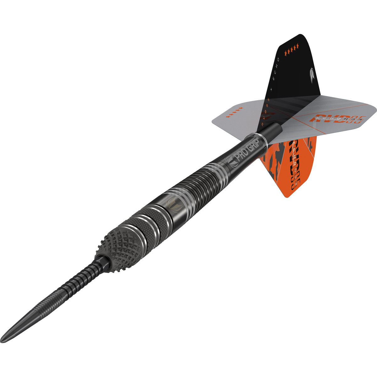 Raymond van Barneveld RVB95 Echo SP Steel Tip Darts close up angle image highlighting the barrel grip and precision machining