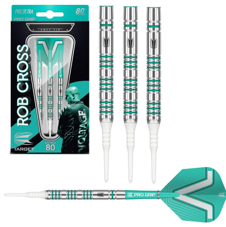 Rob Cross 80% Tungsten Soft Tip Darts main product image showing the darts, packaging, flights, shafts, and included accessories