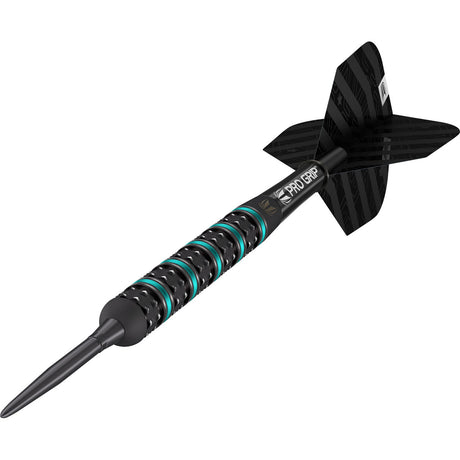 Rob Cross Black Edition Swiss Steel Tip Darts close up image highlighting the detailed barrel grip and black performance coating