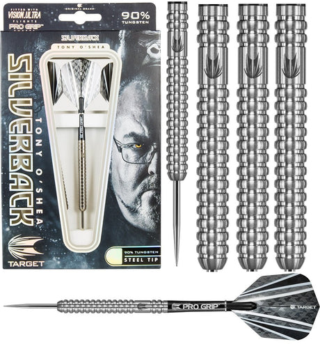Tony O'Shea Generation 2 Steel Tip Darts main product image showing the darts, packaging, flights, shafts, and included accessories