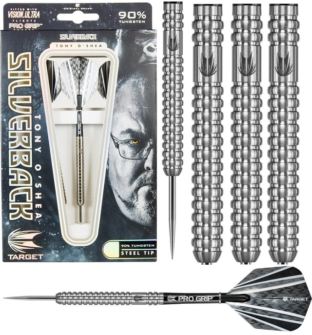 Tony O'Shea Generation 2 Steel Tip Darts main product image showing the darts, packaging, flights, shafts, and included accessories