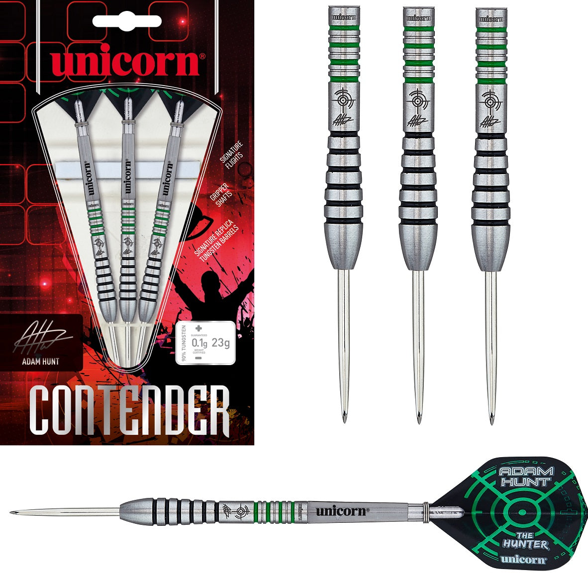 Adam Hunt Contender Phase 2 Steel Tip Darts main product image showing the darts, packaging, flights, shafts, and included accessories