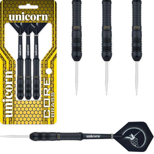 Core Black Brass Style 2 Steel Tip Darts main product image showing the darts, packaging, flights, shafts, and included accessories