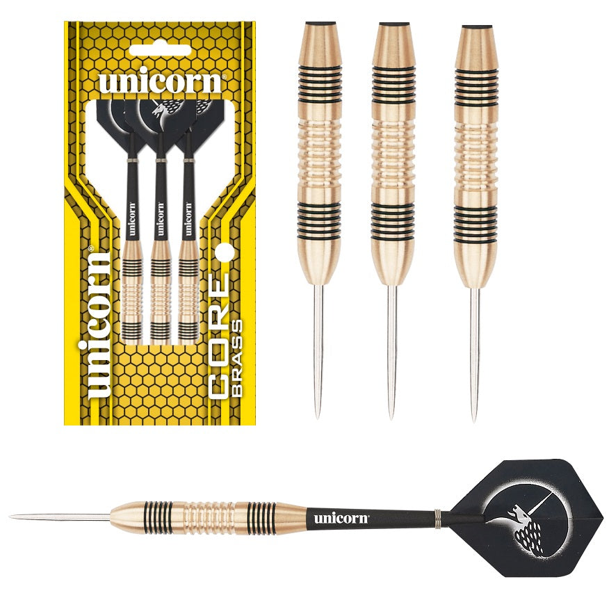 Core Brass Steel Tip Darts main product image showing the darts, packaging, flights, shafts, and included accessories
