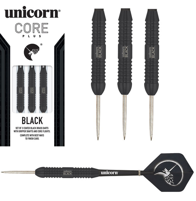 Core Plus Black Brass Steel Tip Darts main product image showing the darts, packaging, flights, shafts, and included accessories