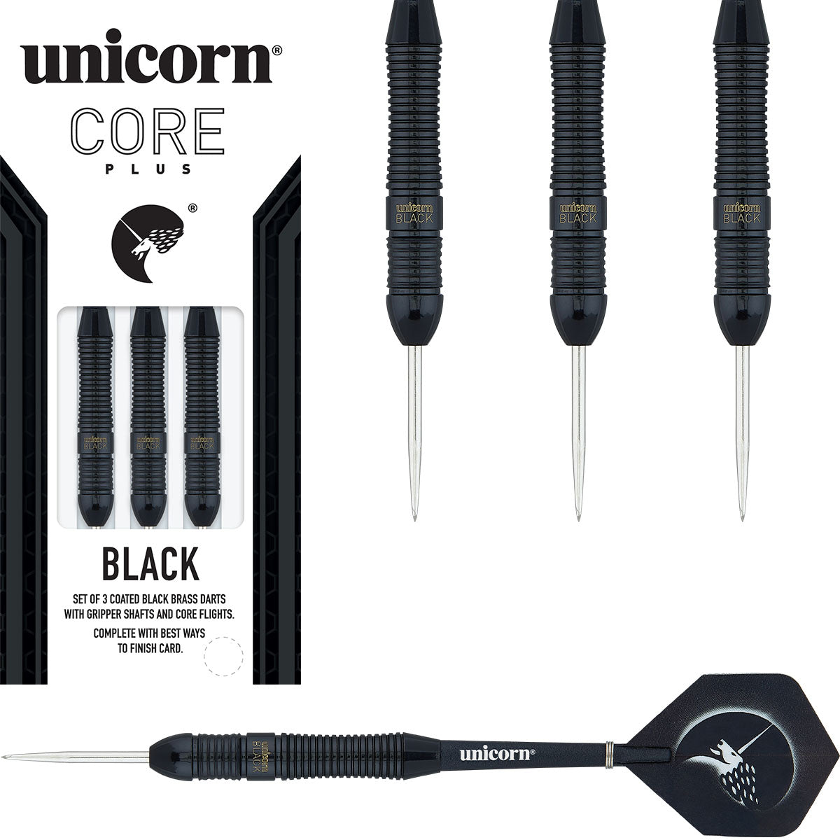 Core Plus Black Brass Style 1 Steel Tip Darts main product image showing the darts, packaging, flights, shafts, and included accessories