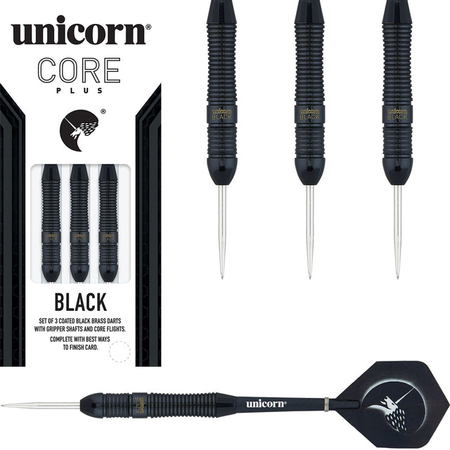 Core Plus Black Brass Style 1 Steel Tip Darts main product image showing the darts, packaging, flights, shafts, and included accessories