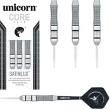 Core Plus Brass Satinlux Steel Tip Darts main product image showing the darts, packaging, flights, shafts, and included accessories