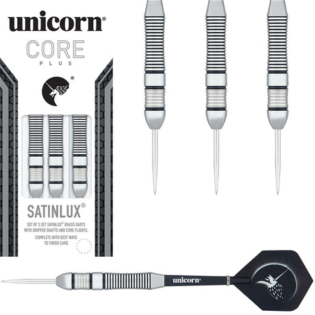 Core Plus Brass Satinlux Steel Tip Darts main product image showing the darts, packaging, flights, shafts, and included accessories