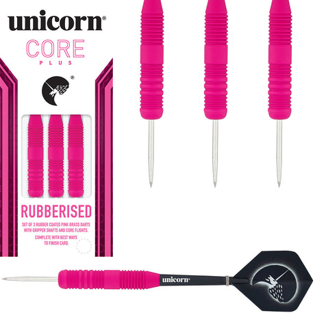 Core Plus Pink Rubber Coated Brass Steel Tip Darts main product image showing the darts, packaging, flights, shafts, and included accessories