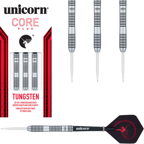 Core Plus Tungsten Style 1 Steel Tip Darts main product image showing the darts, packaging, flights, shafts, and included accessories