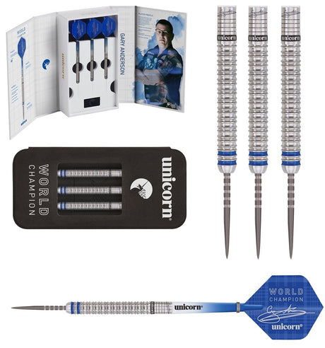 Gary Anderson Deluxe Player Edition Phase 3 World Champion Steel Tip Darts main product image showing the darts, packaging, flights, shafts, and included accessories