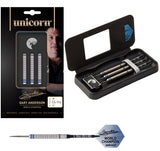 Gary Anderson Phase 3 World Champion Steel Tip Darts main product image showing the darts, packaging, flights, shafts, and included accessories
