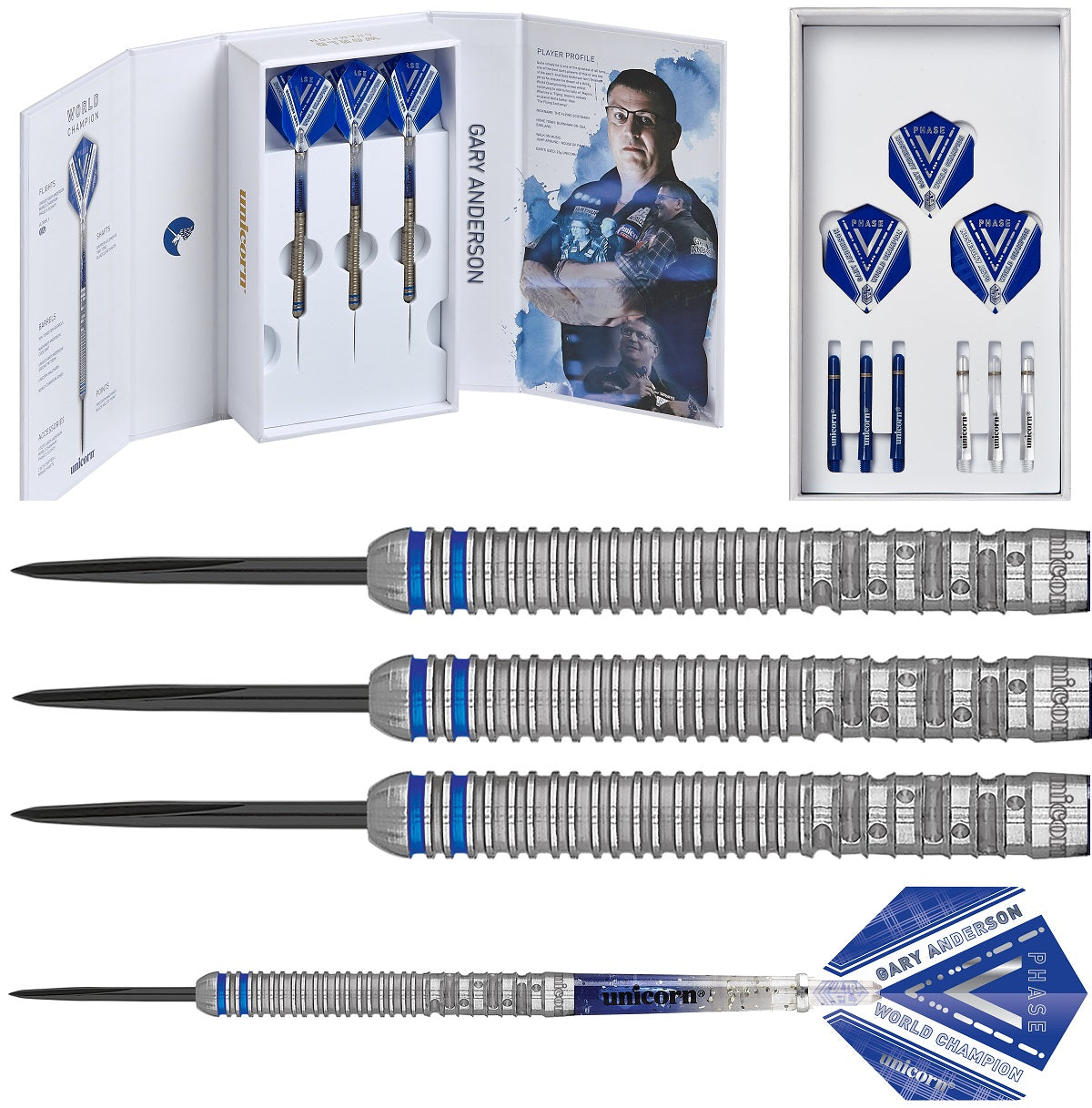 Gary Anderson Phase 5 World Champion Steel Tip Darts main product image showing the darts, packaging, flights, shafts, and included accessories