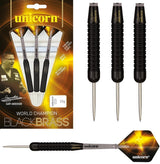 Gary Anderson Style 1 Black Brass Steel Tip Darts main product image showing the darts, packaging, flights, shafts, and included accessories