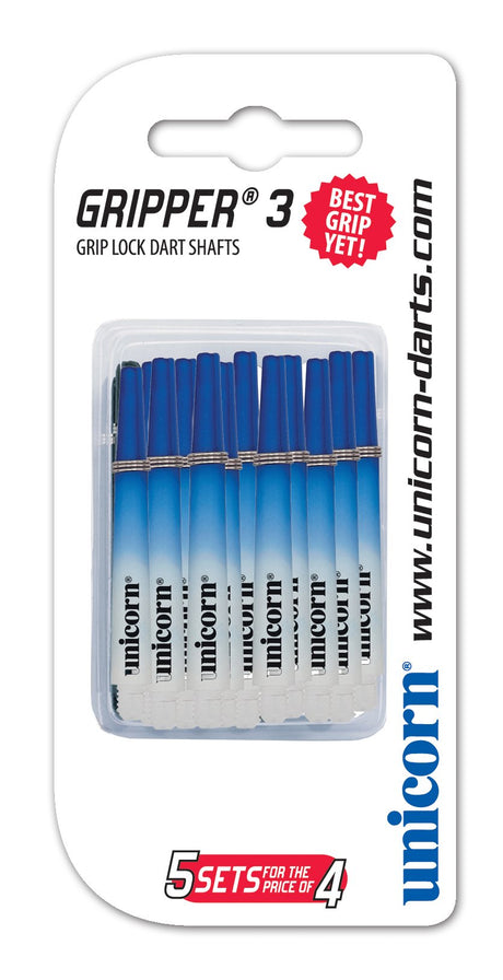 Unicorn Gripper 3 Value Pack Blue White Two Tone Ring Grip Dart Stems Shafts main product image showing the dart stems and retail packaging