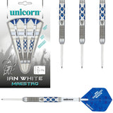 Ian White Phase 2 Maestro Steel Tip Darts main product image showing the darts, packaging, flights, shafts, and included accessories