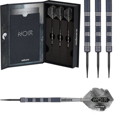 James Wade Noir Steel Tip Darts main product image showing the darts, packaging, flights, shafts, and included accessories