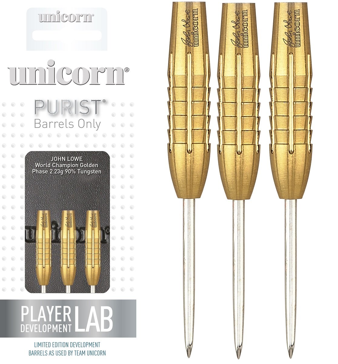 John Lowe Phase 2 Gold Shark Grip Purist Steel Tip Darts main product image showing the darts, packaging, flights, shafts, and included accessories