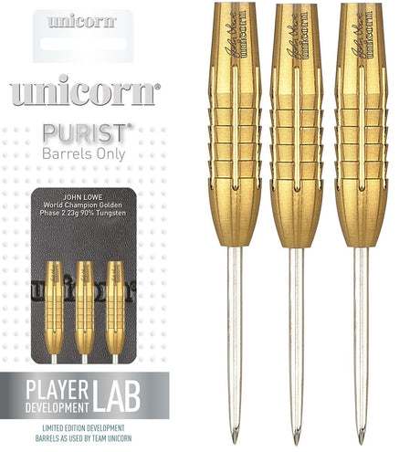John Lowe Phase 2 Gold Shark Grip Purist Steel Tip Darts main product image showing the darts, packaging, flights, shafts, and included accessories