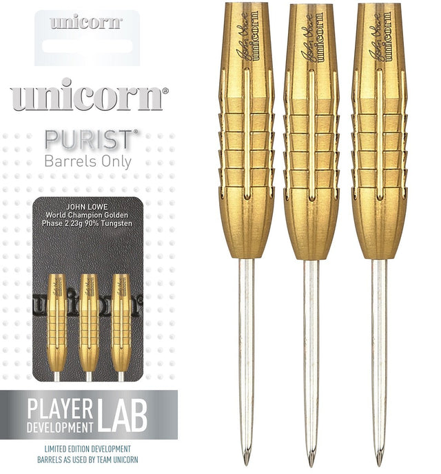 John Lowe Phase 2 Gold Shark Grip Purist Steel Tip Darts main product image showing the darts, packaging, flights, shafts, and included accessories