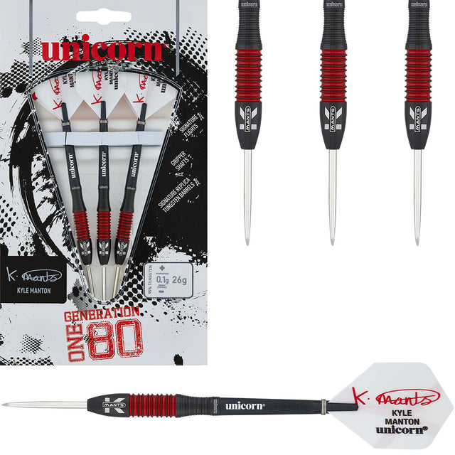 Kyle Manton Phase 2 Gen180 Steel Tip Darts main product image showing the darts, packaging, flights, shafts, and included accessories