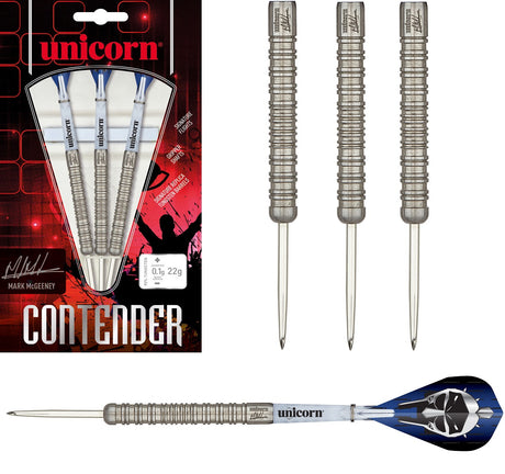 Mark McGeeney Contender Steel Tip Darts main product image showing the darts, packaging, flights, shafts, and included accessories