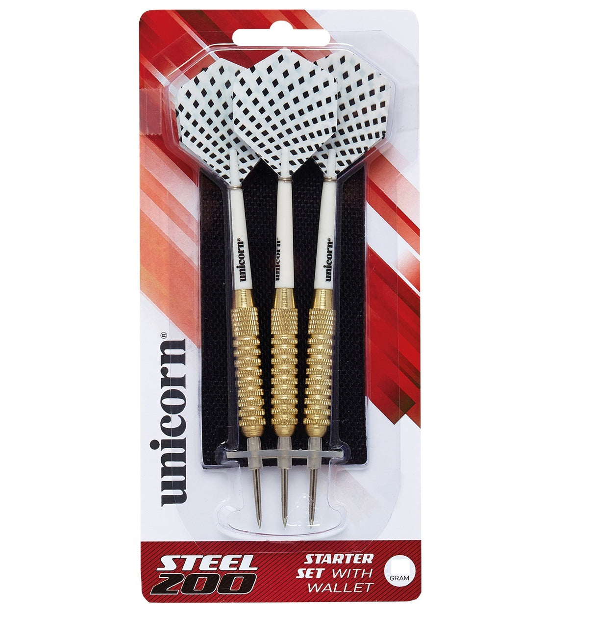 MM200 Steel Tip Darts main product image showing the darts, packaging, flights, shafts, and included accessories
