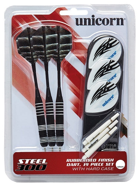 MM300 Steel Tip Darts main product image showing the darts, packaging, flights, shafts, and included accessories
