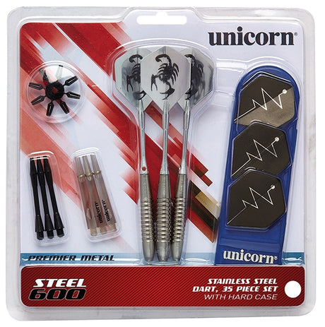 MM600 Steel Tip Darts main product image showing the darts, packaging, flights, shafts, and included accessories